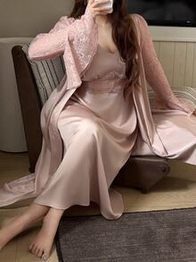 Dazy Plus Patchwork Camisole Maxi Dress Loose Long Cardigan Home Wear Elegant Pajama Set - Pink - View 1