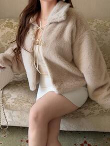 Dazy Plus Solid Color Oversized Lapel Tie-Front Casual Versatile Faux Fur Jacket, Autumn/Winter - Apricot - View 6