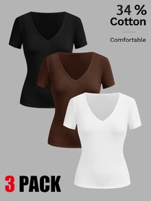 SHEIN EZwear 3件組女款素色V領短袖休閒T恤 - 彩色 - 查看 2