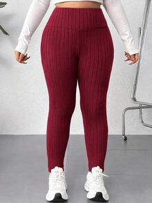 SHEIN EZwear 大尺碼休閒百搭高腰黑色緊身褲，夏季穿搭，女性沙灘穿搭，夏季度假穿搭，度假穿搭 - 酒紅色 - 查看 3