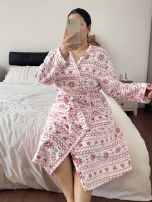 Napfluff CURVE Napfluff CURVE Christmas Fair Isle Snowflake Bow Pattern Plush Long Sleeve Drop Shoulder Pocket Plus Size Women's Robe - Multicolor - View 4