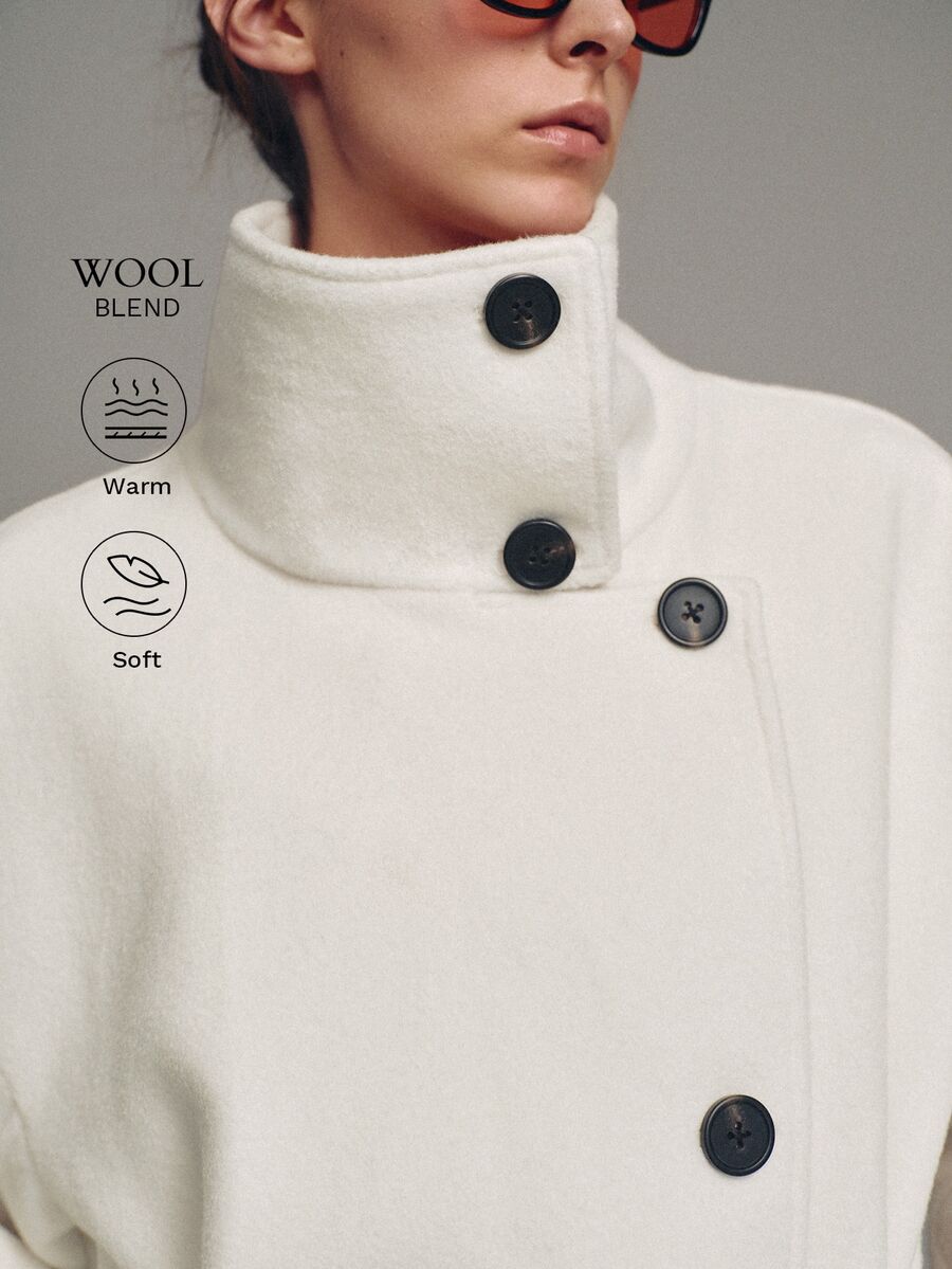MOTF PREMIUM Autumn/Winter Chimney Collar Tie Wool Coat - White - View 1
