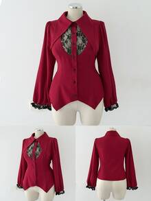 Sunspun Plus Size Dark Style Shirt Collar Lace Patchwork Puff Long Sleeve Blouse - Burgundy - View 1
