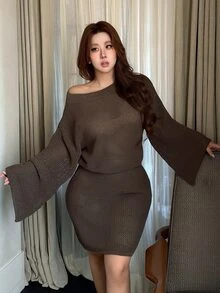 Vibekara Autumn/Winter Asymmetrical Shoulder Hollow-Out Slimming Bodycon Knit Mini Dress - Maroon - View 1