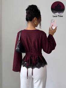 Siren Gaze 女款蕾絲拼接百褶休閒法式優雅百搭日常穿著上衣 早午餐 米色 秋冬 酒紅/紅酒色 聖誕新年 紅色上衣 - 酒紅色 - 查看 2