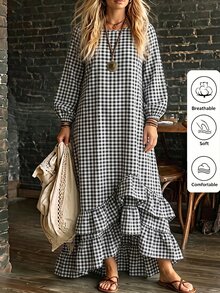 Linhara CURVE 2026新款大尺碼休閒條紋圓領長袖燈籠袖拼接荷葉邊女款長洋裝 - 黑與白 - 查看 4