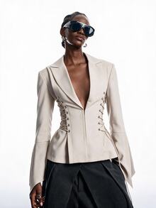 LYSMO Women's Solid Color Lapel Neck Side Waist Eyelet Lace-Up Design Elegant Blazer - Apricot - View 6