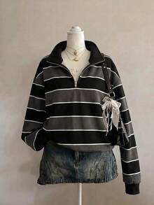 SHEIN EZwear 女款休閒寬鬆立領運動衫，美式復古條紋，女款秋冬服飾 - 彩色 - 查看 1