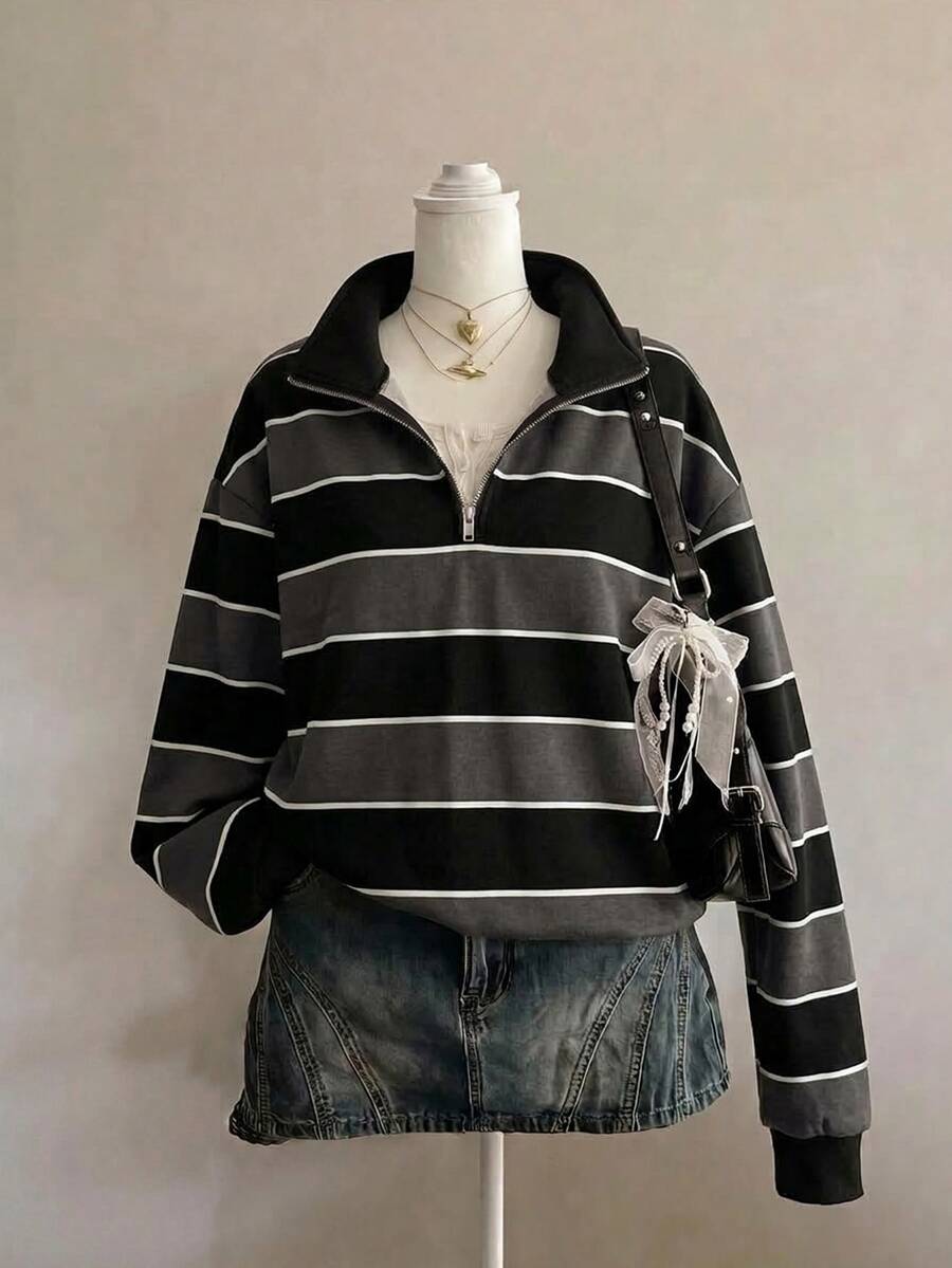 SHEIN EZwear 女款休閒寬鬆立領運動衫,美式復古條紋,女款秋冬服飾 - 彩色 - 查看 1