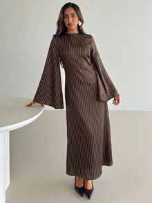 Aloruh 女款優雅收腰繫帶條紋洋裝，百搭條紋秋冬洋裝 - 棕色 - 查看 4