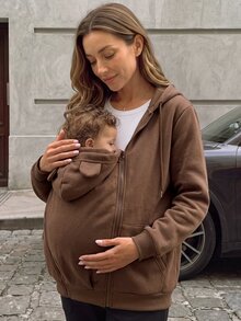 SHEIN Solid Color Long Sleeve 3-In-1 Maternity Jacket For Home Pregnancy Vacation, Autumn/Winter Brown Dressy Baggy - Coffee Brown - View 3