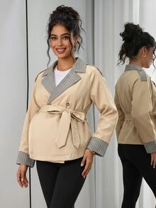 Momance Áo trench ngắn bầu phối cổ caro patchwork màu xám, phong cách công sở thanh lịch, cổ điển, thường ngày cho mùa thu - Màu Khaki - Xem 3