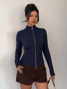 Aloruh 女款休閒羅紋高領拉鍊長袖針織開襟衫，黃色，適合日常穿著與運動，秋冬款 - 藏蓝色 - 查看 4