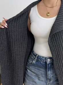 POPSWAY Plus Size Casual Waterfall Collar Ribbed Knit Cardigan, Loose Long Sleeve OpenFront Solid Dark Grey Knitted Jacket - Grey - View 5