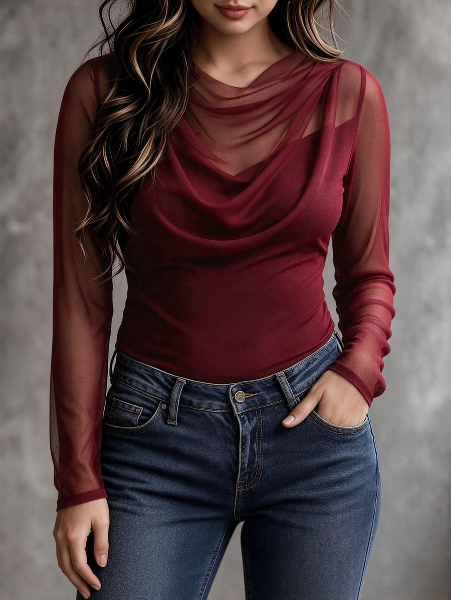 Velvienne Plus Size Women's Spring/Autumn Simple Solid Color Semi-Sheer Fitted Cowl Neck T-Shirt, Suitable For Daily Wear - Burgundy - View 1