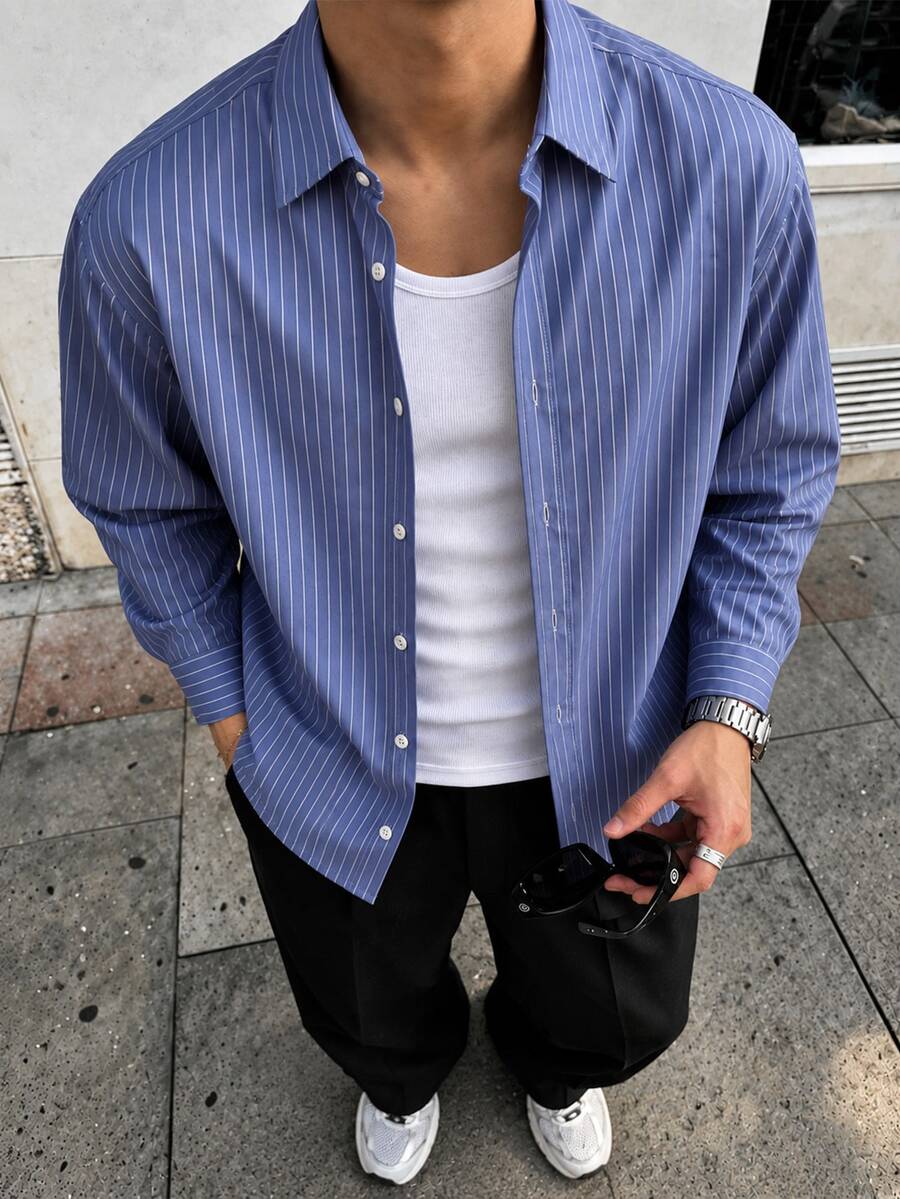 TONEVAULT 新款男士時尚休閒長袖襯衫上衣 - 藍色 - 查看 1