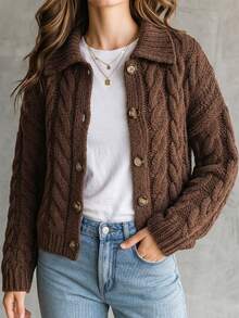 SHEIN كارديجان نسائي كاجوال بني قهوة محبوك بكابلات مع ياقة وفتحة صدر واحدة - قهوة بني - مشاهدة 4