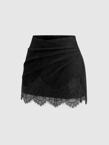 Sweetra Women's Retro Hot Girl Style Suede Texture Hem Lace Trim Shorts - Black - View 2