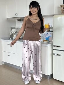 ZzzCrew Plus Size Lace-Up Camisole Top And Heart Stripe Print Long Pants With Frill Trim Cardigan Pajama Set - Brown - View 5
