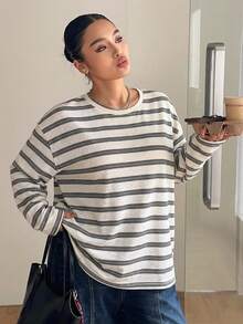 Dazy Plus Women's Plus Size Crew Neck Casual Loose Long Sleeve Street Style Fashion Striped T-Shirt - White - View 5