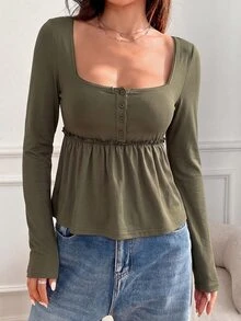 SHEIN EZwear 大尺碼女款純色抓皺休閒百搭日常長袖T恤 - 軍綠色 - 查看 7