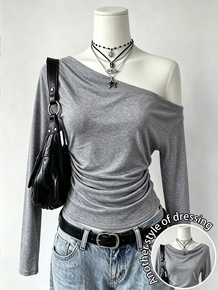 Collagica Collagica Women's Asymmetrical Shoulder Ruched Cinched Waist Design Base Layer Top, Minimalist Sexy Style, Wearable As Inner Layer Or Outerwear - Light Grey - View 1