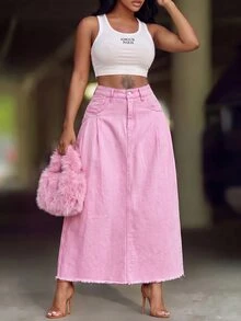 BriallanyX BriallanyX Women's Street Style Button Pocket Raw Hem Denim Skirt - Pink - View 3