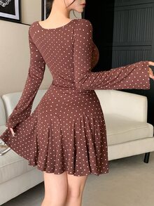 Dazy Tall Women's Deep V-Neck Polka Dot Sexy Casual Short Dress Fall - Brown - View 2