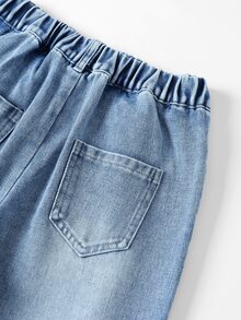 Tween Girls' Vintage Casual Fashion Blue Washed Distressed Ripped Patchwork Heart Embroidery Straight Leg Jeans, Vacation Style, Back To School, Autumn/Winter, All Season Essential - Medium Wash - View 7