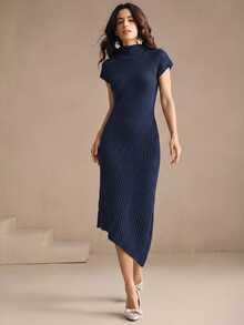 Anewsta Women's Elegant Semi-High Neck Knitted Long Dress, Slim Fit Solid Color Commuter Versatile Holiday Dress For Spring And Autumn - Navy Blue - View 5