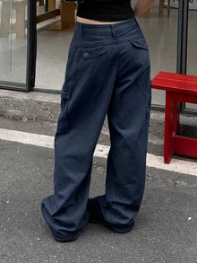 DAZY 純色寬鬆工裝褲休閒街頭風夏季女款牛仔褲 - 藍色 - 查看 3