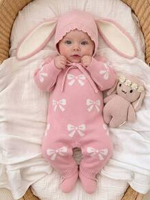 SHEIN Baby Girl Cute Bow Pattern Pink Knit Romper, Suitable For Autumn/Winter - Pink - View 4