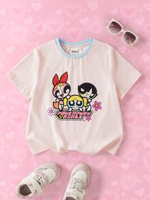 THE POWERPUFF GIRLS X SHEIN 青少年女孩卡通印花圓領短袖T恤 - 粉色 - 查看 1