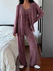 DAZY Women's Tie-Dye Long Sleeve Robe, Round Neck Tank Top And Pants Casual Pajama Set - Burgundy - View 10
