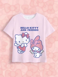 HELLO KITTY AND FRIENDS | SHEIN تي شيرت كاجوال يومي بأكمام قصيرة للبنات المراهقات بطبعة كرتونية وحروف - أبيض - مشاهدة 7
