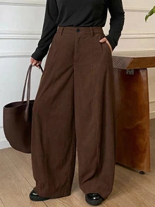 Dazy Plus Solid Color Corduroy Belt Curved Leg Casual Vacation Autumn/Winter Long Pants - Brown - View 4