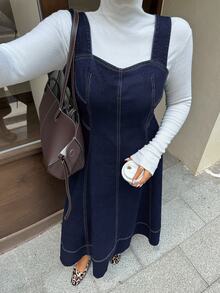 Dazy Plus Dark Wash Blue Fitted Elegant Layered Tank Style Denim Dress Spring Summer Autumn - Dark Wash - View 2