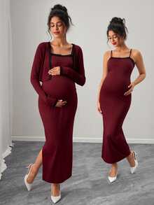 Momance Maternity Striped Colorblock Side Slit Spaghetti Strap Dress With Long Sleeve Cardigan 2 Pieces Set - Burgundy - View 1