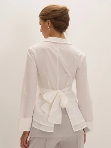 MUSEYN White Tie Waist Button Long Sleeve Fitted Shirt Versatile Lounge Everyday Date Night Chic New Season Fall - White - View 4