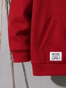 SHEIN 青少年男孩極簡街頭風字母印花拉鍊連帽衛衣，休閒舒適柔軟面料，紅色，秋冬校園開學穿搭 - 紅色 - 查看 5