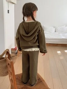 Hapijoa Young Girl Solid Color Zip-Up Hooded Knit Cardigan And Knit Pants Set Winter - Army Green - View 3
