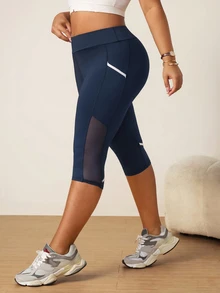 Slayform Women's Plus Size High Waist Contrast Mesh 7/8 Length Sports Leggings - Navy Blue - View 5