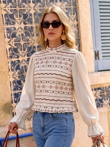Vivid Eden French Style Boho Romantic Contrast Color Ruffle Trim Stand Collar Blouse, Gentle Floral Striped Short Top With Flared Ruffle Sleeves Brunch Fall - Brown - View 9