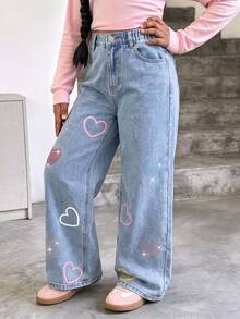 SHEIN Girls Y2K Sweet Style Snowflake Washed Light Blue High Waist Straight Leg Wide Leg Jeans All-Over Print Colorful Heart Rhinestone Decor Campus Daily Versatile High Street Fashion Denim Pants - Medium Wash - View 8