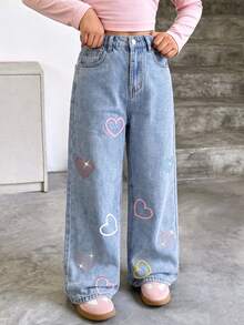 SHEIN Girls Y2K Sweet Style Snowflake Washed Light Blue High Waist Straight Leg Wide Leg Jeans All-Over Print Colorful Heart Rhinestone Decor Campus Daily Versatile High Street Fashion Denim Pants - Medium Wash - View 3