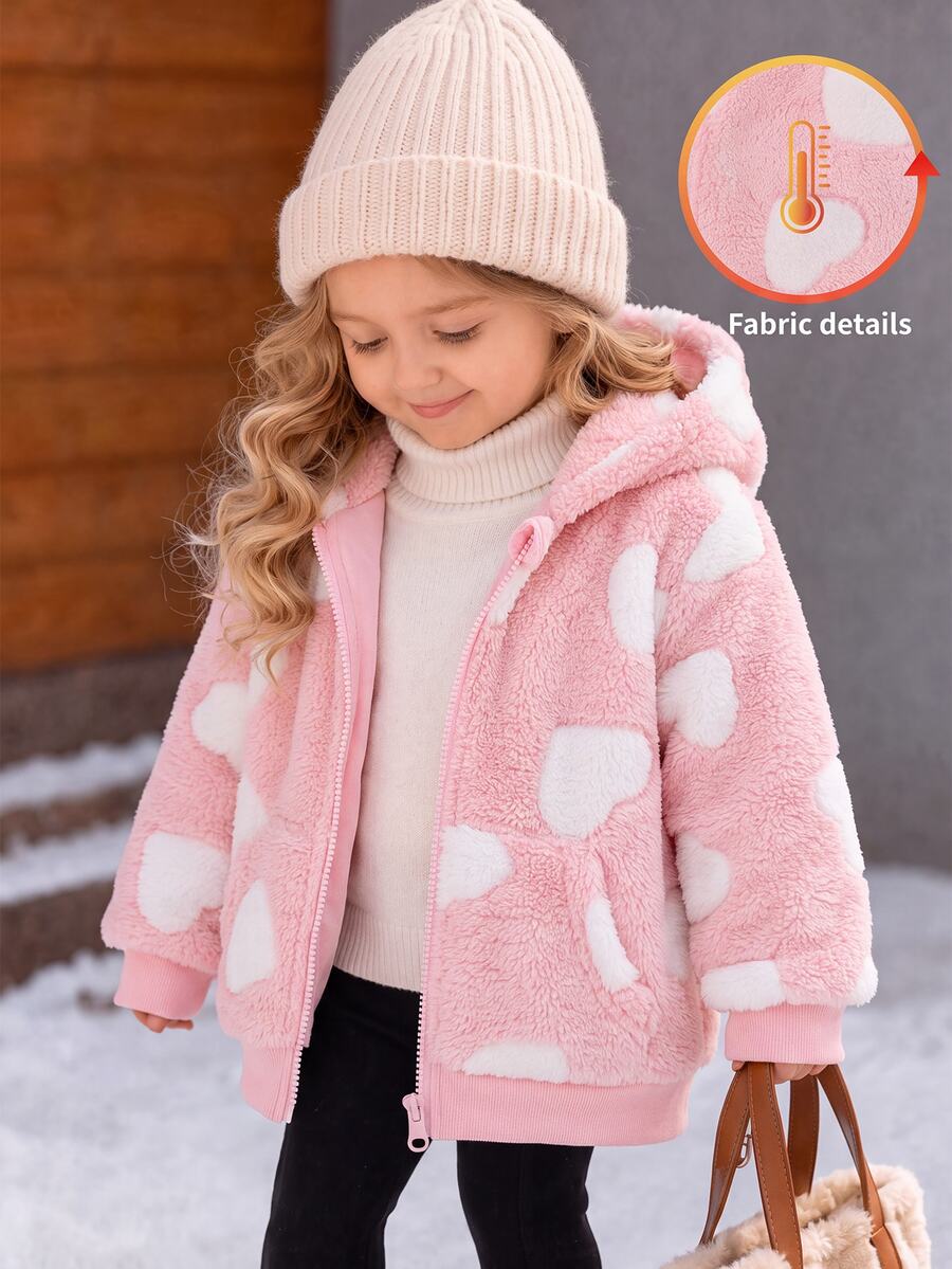 SHEIN Baby Girl Heart Pattern Casual Daily Hooded Jacket - Pink - View 1