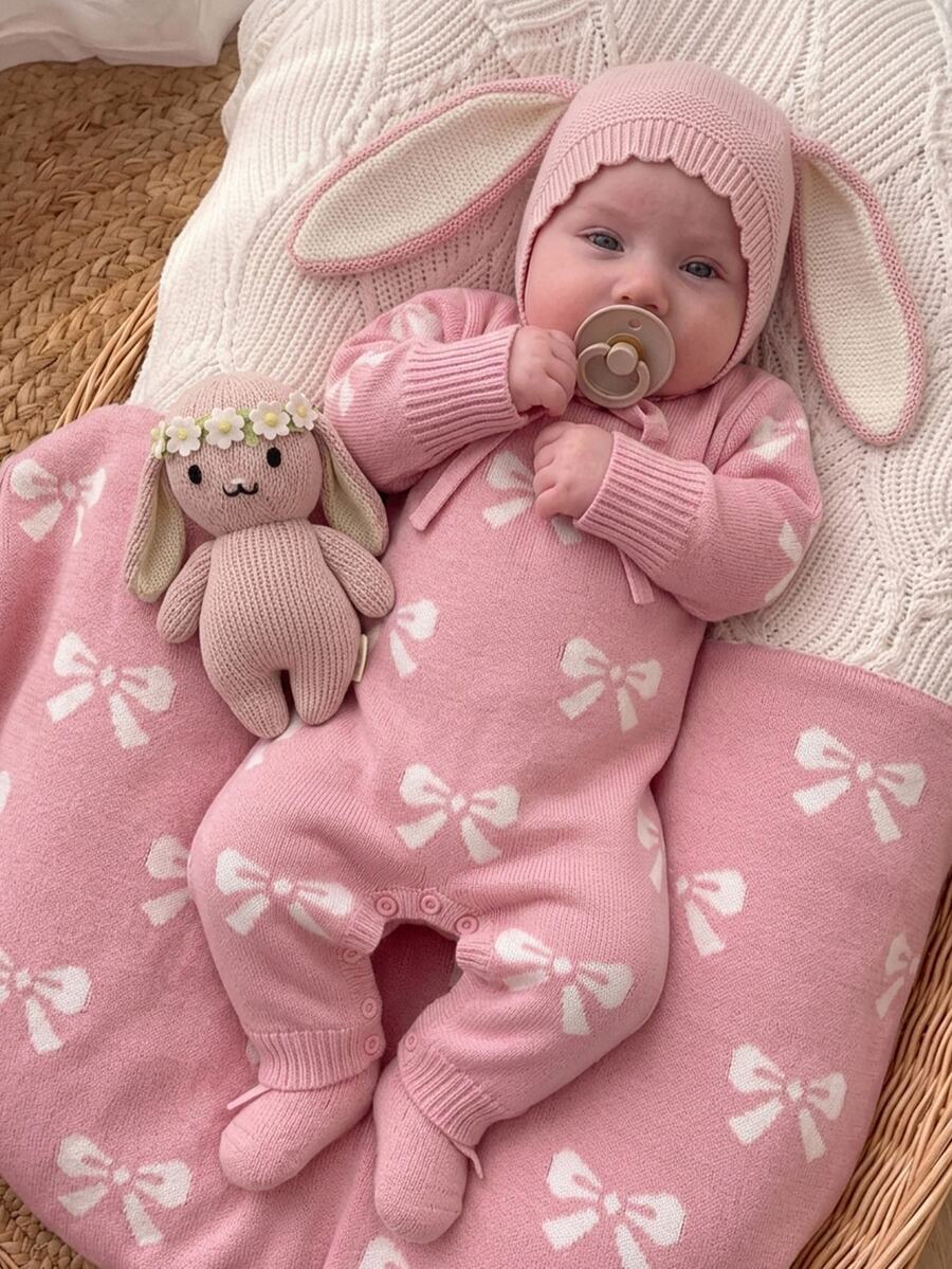 SHEIN Baby Girl Cute Bow Pattern Pink Knit Romper, Suitable For Autumn/Winter - Pink - View 1
