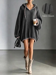 Trelyra Women's Casual Elegant Hooded Ribbed Fleece Long Sweatshirt, Beaded Contrast Color Design Casual Top - Dark Grey - View 1