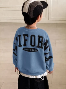 SHEIN Little Byeori 兒童 1件大童男孩淺灰色字母圖案厚款運動衫，休閒學院風寬鬆版型街頭風，適合上學、秋季、開學季、日常穿著 - 藍色 - 查看 4