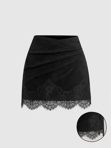 Sweetra Women's Retro Hot Girl Style Suede Texture Hem Lace Trim Shorts - Black - View 3